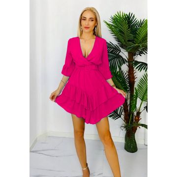 Rochie vaporoasa Evelina, din voal, maneca trei sferturi si curea inclusa, Roz intens, Marime S/M