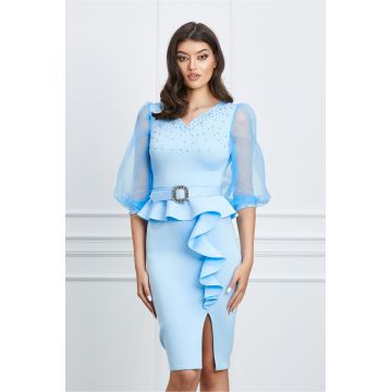 Rochie Andra bleu din neopren cu maneci din organza