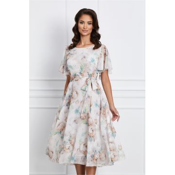 Rochie Antonia ivory cu imprimeu bej si cordon in talie