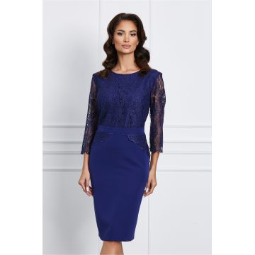 Rochie Aurora bleumarin cu dantela la bust si peplum in talie