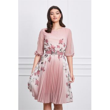 Rochie Corina roz cu imprimeu floral si curea in talie