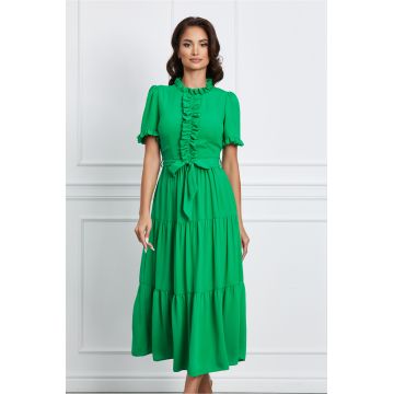 Rochie Crina verde cu volanase si cordon in talie