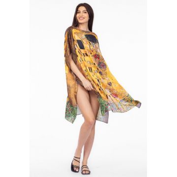 Rochie de plaja tip poncho din matase cu reproducere dupa   Sarutul    de Gustav Klimt