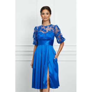 Rochie Dy Fashion albastra din tafta cu broderie la bust