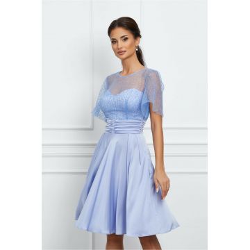 Rochie Dy Fashion bleu din satin cu broderie la bust