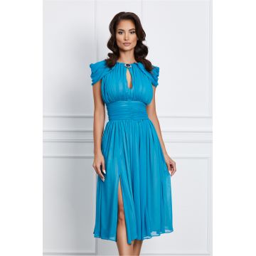 Rochie Dy Fashion bleu din voal cu accesoriu la decolteu
