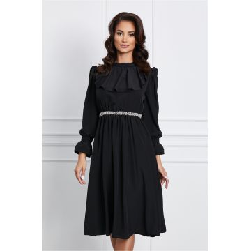 Rochie Dy Fashion neagra cu volanas la bust si perle in talie
