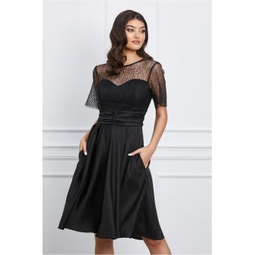 Rochie Dy Fashion neagra din satin cu broderie la bust