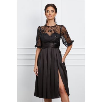 Rochie Dy Fashion neagra din tafta cu broderie la bust