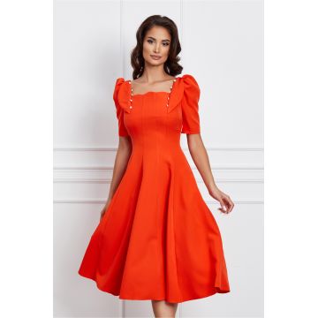 Rochie Dy Fashion orange cu nasturi perlati si volane la bust