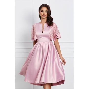 Rochie Dy Fashion roz din tafta cu maneci din dantela