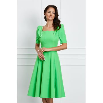 Rochie Dy Fashion verde crud cu nasturi perlati si volane la bust