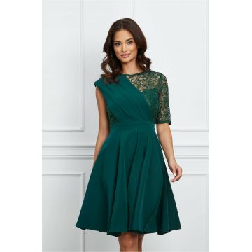 Rochie Dy Fashion verde cu dantela la bust si o maneca trei sferturi