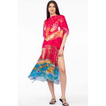 Rochie fucsia de plaja lunga tip poncho din matase cu reproducere dupa    Noapte Instelata deasupra Rhonului   de Claude Monet