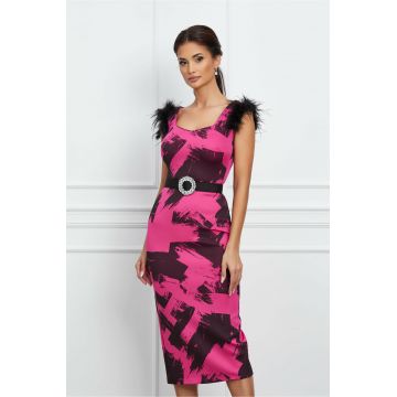 Rochie Hanna din neopren fucsia cu imprimeuri negre si curea in talie