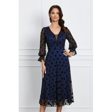 Rochie Josie albastra cu tull negru si buline catifelate