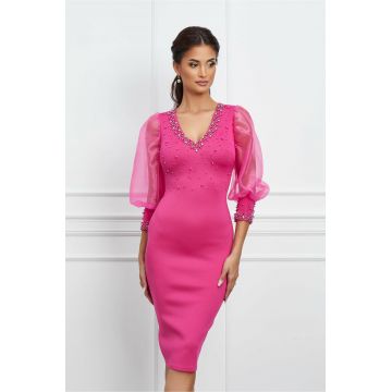 Rochie Laura fucsia din neopren cu perlute si maneci din organza