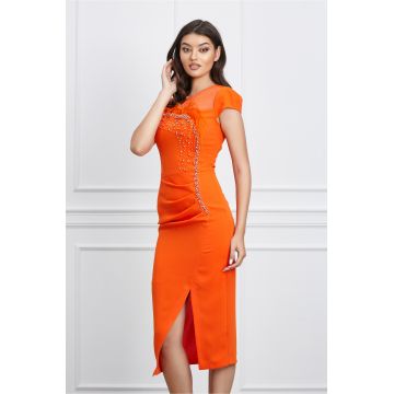 Rochie Luiza orange cu perle si pene