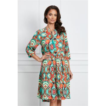 Rochie Maona turcoaz cu imprimeuri orange