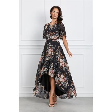Rochie Mara neagra cu flori roz si lungime asimetrica
