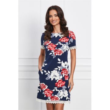 Rochie MBG bleumarin cu imprimeu floral rosu