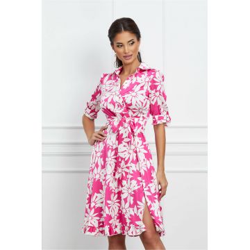 Rochie MBG fucsia cu imprimeuri florale albe si cordon in talie