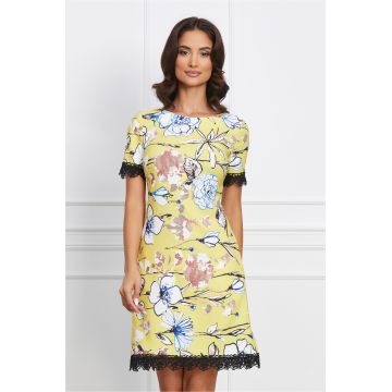 Rochie MBG galbena cu imprimeu floral colorat