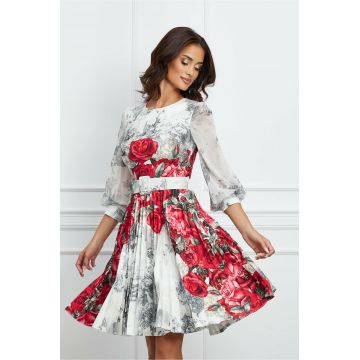 Rochie Roxana ivory cu trandafiri rosii si curea in talie Rochie Roxana ivory cu trandafiri rosii si curea in talie