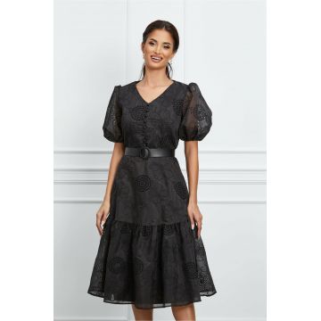 Rochie Valentina neagra din organza cu broderie si curea in talie