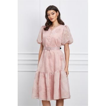 Rochie Valentina roz din organza cu broderie si curea in talie