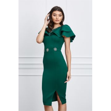 Rochie Vera verde din neopren cu strasuri